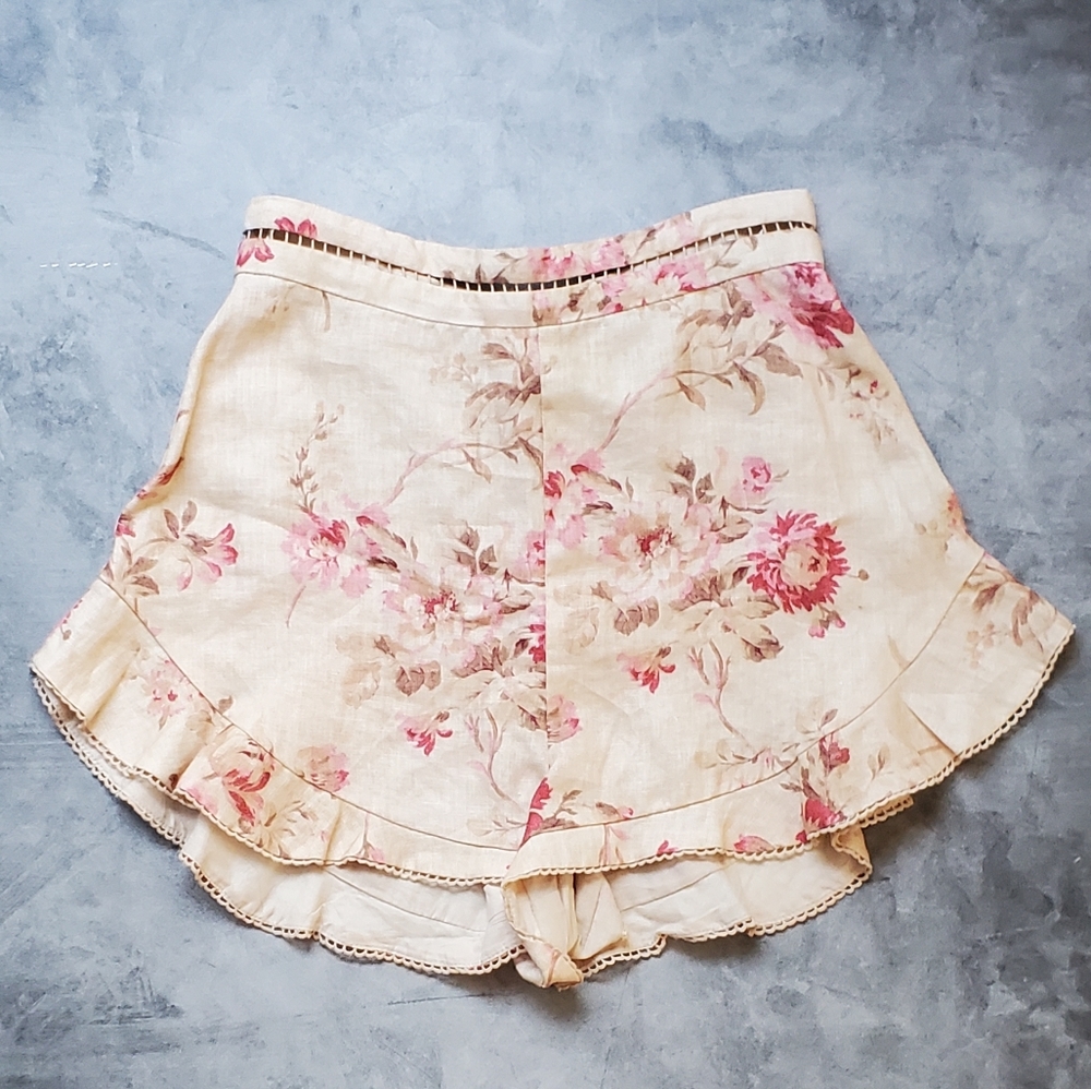ZIMMERMAN Corsair Flutter Crochet-trimmed Floral-print Linen Short Size 2